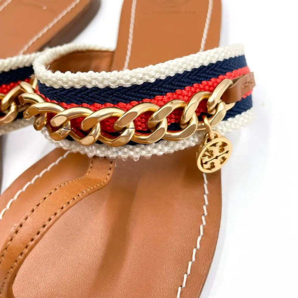 Tory Burch Mini Benton Chain Stripe Sandals Flat Brown Thong Leather Sz 6.5‎